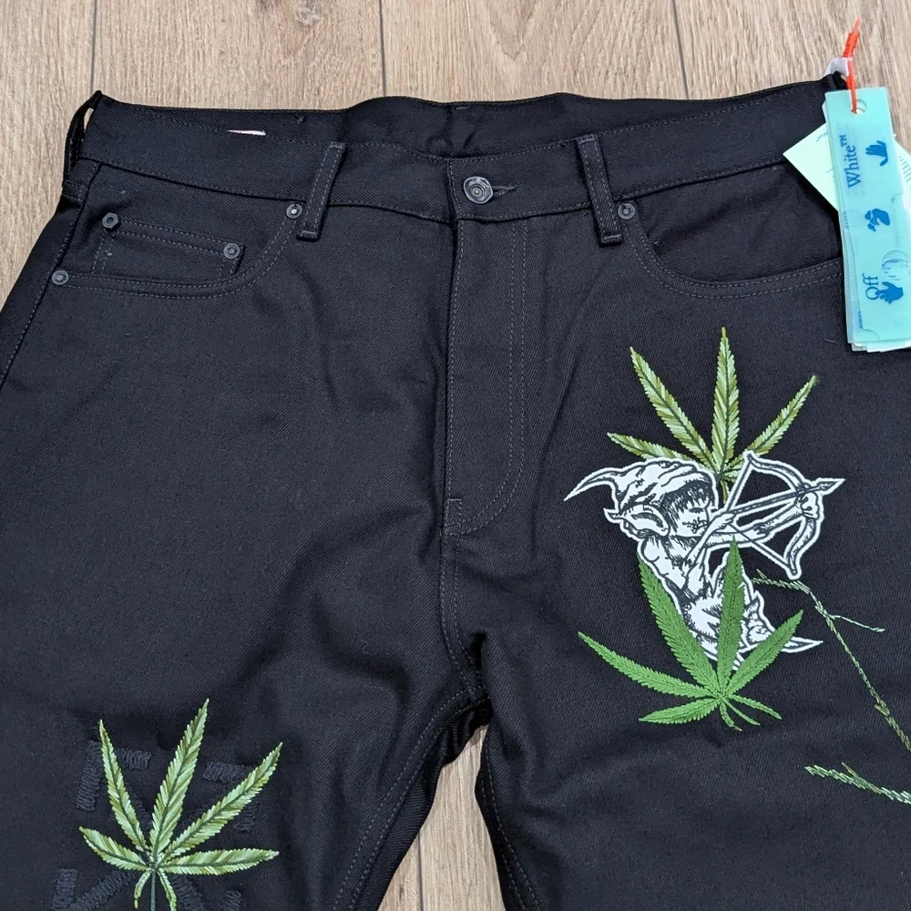 $2840 Mens OFF-WHITE Leaf Embroidered Logo Skate Fit Jeans Black 32 - Picture 2 of 12